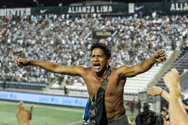 Soccer fan with shirt off in stadium